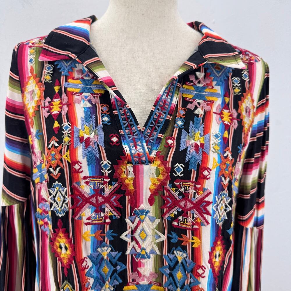 NWT Savanna Jane Blouse Womens M Embroidered Boho Rainbow Stripe Beach Resort